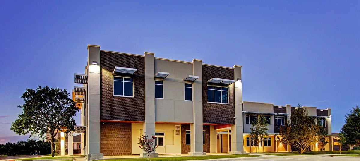 Exterior view of a modern commercial building after renovation by GSD Construction in Houston, TX